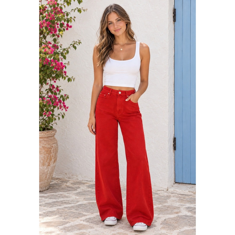 Red Wide Leg Jeans High Waisted Denim Pants Size 3 NEW Holiday Y2K Skater